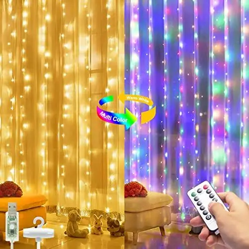 Produktbild: hepside Lichterkette Vorhang Innen Dimmbar Warmweiß/Bunt, 3x3m 300 LED Lichterketten Vorhang mit 8 Lichtmodelle, IP65 Wasserdicht USB Lichtervorhang mit Fernbedienung für Party Weihnachten
