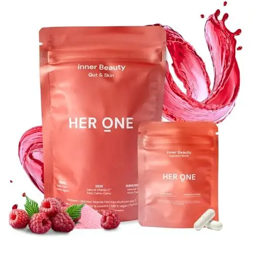 Produktbild: HER ONE Inner Beauty Himbeeere mit Digestion Boost, der Original Pink Drink mit 25 Milliarden aktiven, natürlichen Mikroorganismen, pflanzlichen Ballaststoffen aus Bio-Agave (Inulin) und Calcium, 150g