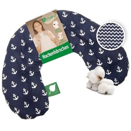 Produktbild: HERBALIND Kirschkernkissen Nacken Schulter Wärmekissen für Mikrowelle - Handmade in Germany, 100% Baumwolle - hochwertige Natürliche Wärmflasche Körnerkissen Nackenhörnchen (blau Anker Welle)
