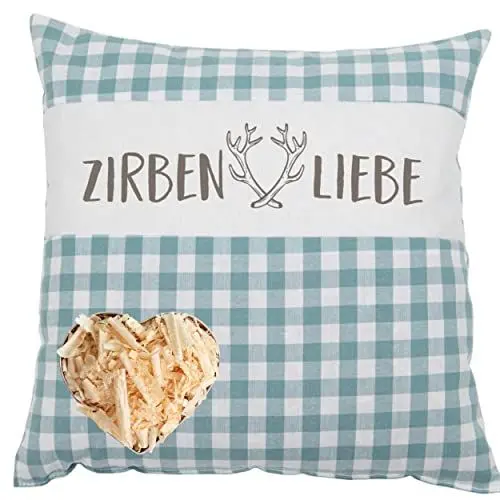 Produktbild: Herbalind Zirbenkissen als Geschenk 30x30 cm Dekokissen Zirbenliebe mit Reißverschluss - Kopfkissen 100% Zirbe und Baumwolle - Blau Kariert Zirben Kissen