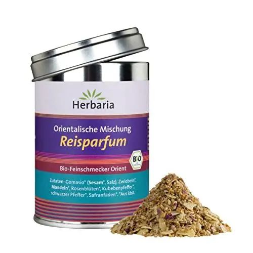 Produktbild: Herbaria Reisparfum bio 70g M-Dose – fertige Bio-Gewürzmischung für orientalische Reisgerichte, helle Beilagen wie Kartoffeln und Blumenkohl sowie für Cremesuppen – in nachhaltiger Aromaschutz-Dose