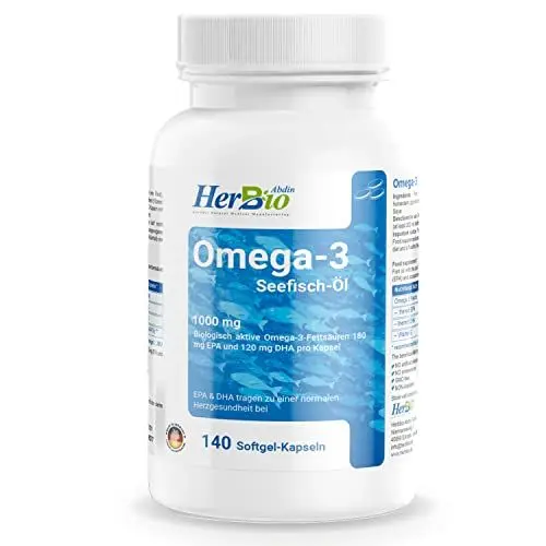 Produktbild: Omega 3-140 Kapseln hochdosiert – 4000mg Fischöl pro Tagesdosis - 180mg EPA und 120mg DHA pro Kapsel - Laborgeprüft - 100% Rindergelatine Halal zertifiziert von HerbBio