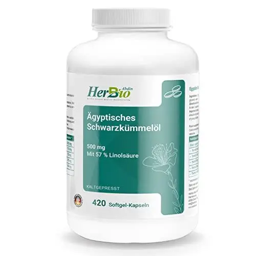 Produktbild: HerbBio ägyptisches Schwarzkümmelöl Kapseln 500mg 420 Softgel Kapseln - davon 57% Linolsäure - Premium kaltgepresst - 100% Rindergelatine Halal Zertifiziert - laborgeprüft - Black seed oil capsules