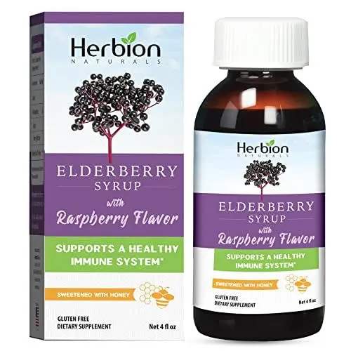 Produktbild: Herbion Naturals Vlierbessensiroop, honing gezoet met natuurlijke frambozensmaak, gemaakt in de VS, 4 FL Oz