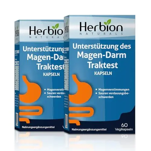 Produktbild: Herbion Naturals Gastrointestinal Support Kräutermischung für Magenverstimmung, gastrointestinale Gesundheit und Funktion, gesunde Darmflora, 60 Vegicaps Packung mit 2.