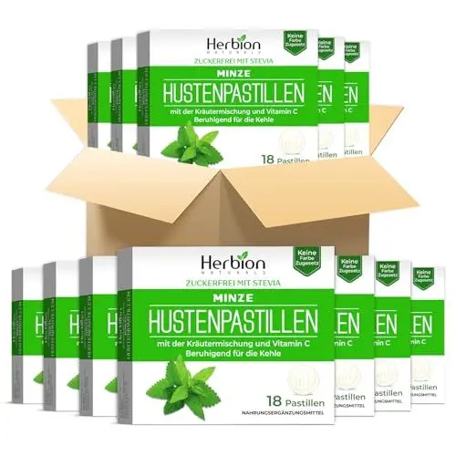 Produktbild: Herbion Naturals Halspastillen mit natürlichem Minzgeschmack, zuckerfrei mit Stevia, Nahrungsergänzungsmittel (1 Karton, 18 Lutschtabletten pro Karton, Packung mit 48 Stück)