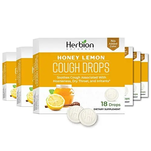 Produktbild: Herbion Naturals Hustenbonbons mit natürlichem Honig-Zitronen-Geschmack, Nahrungsergänzungsmittel, 18 Tropfen, Packung mit 6 Stück, Gesamtanzahl 108