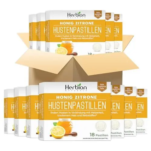 Produktbild: Herbion Naturals Hustenbonbons mit natürlichem Honig-Zitronen-Geschmack, Nahrungsergänzungsmittel, lindert Husten, 18 Lutschtabletten (Packung mit 48)