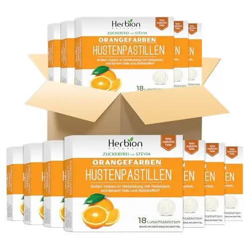 Produktbild: Herbion Naturals Hustenbonbons mit natürlichem Orangengeschmack, zuckerfrei mit Stevia, Nahrungsergänzungsmittel, lindert Husten, 18 Lutschtabletten (Packung mit 48)