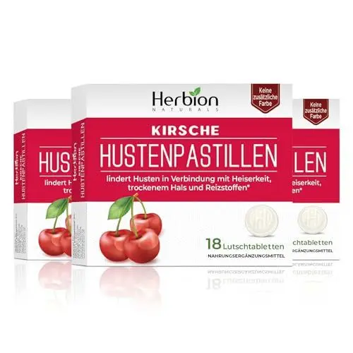 Produktbild: Herbion Naturals Lutschtabletten mit natürlichem Kirschgeschmack, Nahrungsergänzungsmittel, beruhigt 18 Lutschtabletten, ohne künstlichen Geschmack, ohne Farbzusatz. 3er Pack