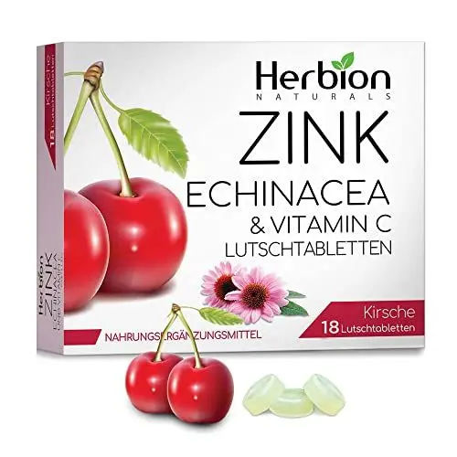 Produktbild: Herbion Naturals Zink, Echinacea & Vitamin C Lutschtabletten mit natürlichem Kirschgeschmack - 18 CT - Nahrungsergänzungsmittel - Fördert die allgemeine Gesundheit für Erwachsene und Kinder 5+