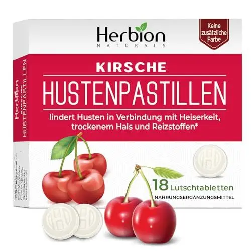 Produktbild: Herbion Naturals natürliche Kirsche aromatisiert Lutschtabletten, Nahrungsergänzungsmittel lindert Husten für Erwachsene und 18 Lutschtabletten