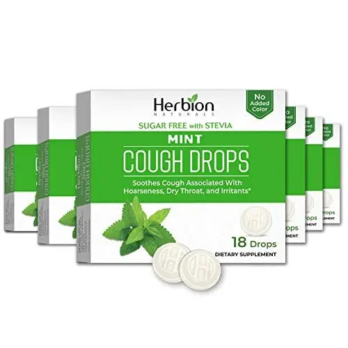 Produktbild: Herbion Naturals zuckerfreie Hustentropfen, 108 Zählungen, Minzgeschmack, 6 Stück, 18 Zählungen pro Packung, insgesamt 108 Stück Lutschtabletten