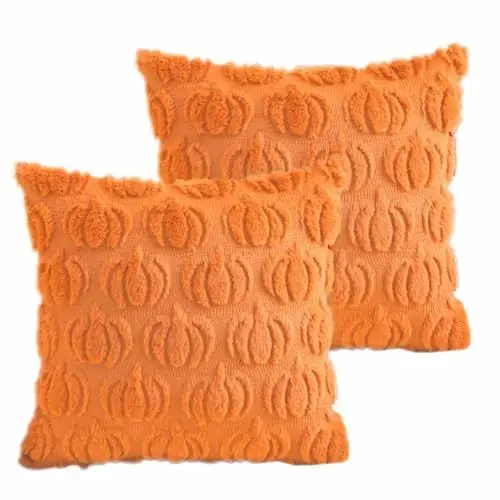 Produktbild: Herbst Kürbis 45x45 Plüsch Kissenbezug, Halloween Plüsch Kissen, Herbstlich Deko Kissen, Herbst Geist Kissenbezug, Halloween Dekokissen Pumpkin Bezug, Herbst Kürbis Aesthetic Kissen(2 Orange)