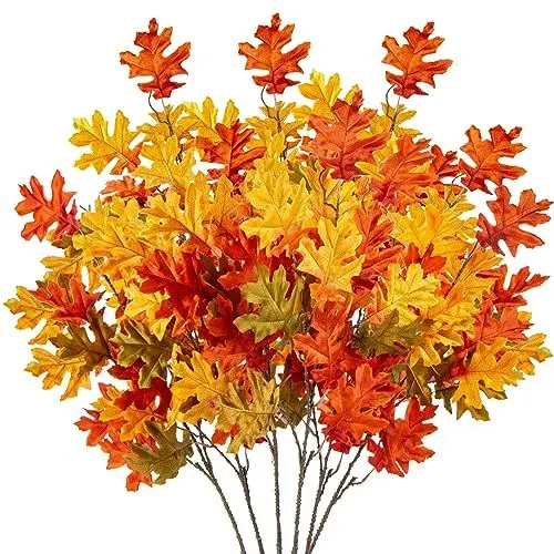 Produktbild: Herbst Kunststoff Künstliche Eichenblätter Orange, 6 Stück Gefälschte Eichenblattzweige für Herbstdekoration, Lange Gefälschte Herbstblätter Stiele für Thanksgiving, Hochzeit, DIY, Tisch, Heimdeko
