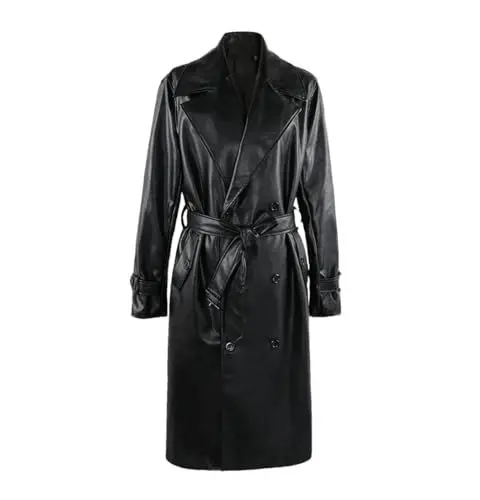Produktbild: Herbst Lange Schwarz Pu Leder Trenchcoat Männer Gürtel Zweireiher Plus Größe Mantel