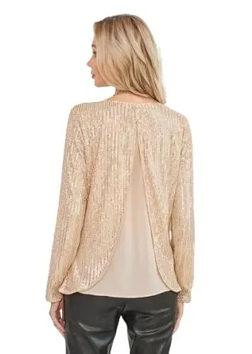Produktbild: Herbst Solide Farbe Langärmliges Oberteil für Ladies Glänzendes Pailletten Übergröße Rundhalsausschnitt Shirt mit Rückenschlitz Champagnerfarbe XL