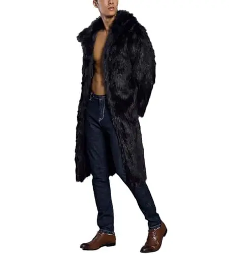 Produktbild: Herbst Winter Herren Quadratischer Kragen Kunstpelz Langer Mantel Dicke Warme Windjacke