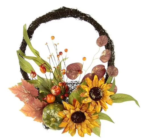 Produktbild: Herbstkranz aus Rattan für die Haustür mit Sonnenblumen Beeren Kürbis Herbstlaub Dekorationen Herbst Türkranz Türdeko Herbstdeko für Halloween Erntedankfest Ernte Zuhause Außen und Innenbereich