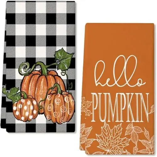 Produktbild: Herbst-Küchentüche 2er Set Herbstdekoration Geschirrtuch Saugfähiges Mikrofaser-Küchenhandtuch mit Geister-Kürbis-Karomuster Multi-Purpose Trockentuch für Thanksgiving & Halloween 45x 66 cm (B)