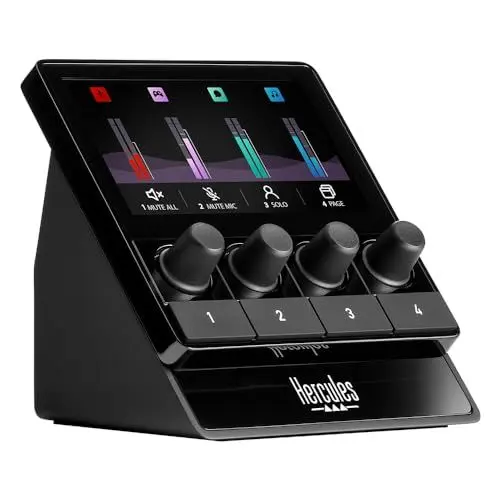Produktbild: Hercules Stream 100, Intuitiver Audio-Controller zur Steuerung von Livestreams in Echtzeit, Bis zu 8 Tracks, LCD-Bildschirm, Hochauflösende Encoder, 4 Aktionstasten, Anpassbares Interface