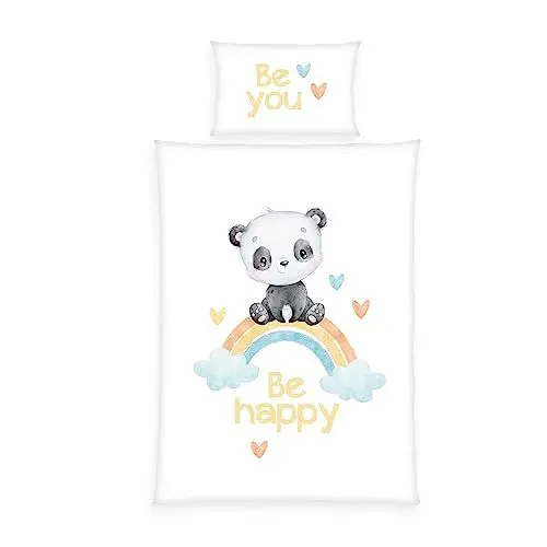 Produktbild: Herding Baby Best Flanell-Bettwäsche Regenbogen Panda, MADE IN GREEN by OEKO TEX, Kopfkissenbezug 40 x 60 cm mit Hoteleinschlag, Bettbezug 100 x 135 cm mit Reißverschluss, Baumwolle, Flanell