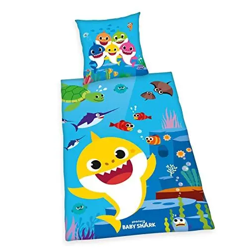 Produktbild: Herding Baby Shark Bettwäsche, Kopfkissenbezug ca. 80x80 cm, Bettbezug ca. 135x200 cm, mit Knopfleiste, 100% Baumwolle, Renforcé