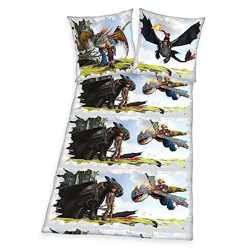 Produktbild: Herding Bettwäsche-Set, Dragons, Kopfkissenbezug 80 x 80 cm mit Knöpfen und Wende-Motiv, Bettbezug 135 x 200 cm, Mit Knopfverschluss, 100% Baumwolle/Linon, Weiß