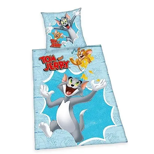 Produktbild: Herding Bettwäsche-Set, Tom & Jerry, Kopfkissenbezug 80 x 80 cm mit Knöpfen und Wende-Motiv, Bettbezug 135 x 200 cm, Mit Knopfverschluss, 100% Baumwolle/Linon