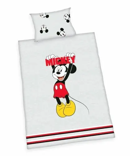 Produktbild: Herding Kinder Renforce Baby Bettwäsche 2 TLG. 100x135cm Disney Mickey Mouse Grau Schwarz Rot Reißverschluss