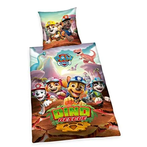 Produktbild: Herding Paw Patrol Dino Rescue Bettwäsche-Set, Kopfkissenbezug 70 x 90 cm, Bettbezug 140 x 200 cm, Mit Reißverschluss, 100% Baumwolle/Renforcé, Mehrfarbig