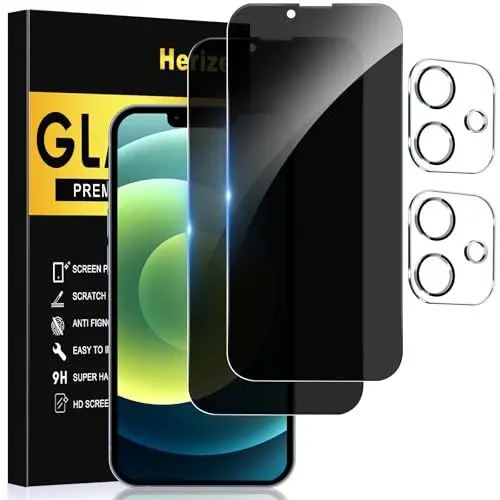 Produktbild: Herize (2+2 Pack) Privatsphäre Bildschirmschutz für iPhone 12 mit Kamera-Objektiv-Schutz, 6,1 Zoll gehärtetes Vollbild-Glas Zubehör, Anti-Spy, blasenfrei, Case Friendly