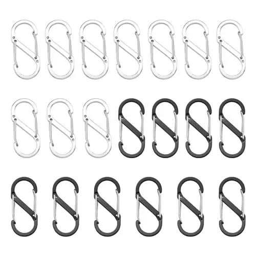 Produktbild: HERKINDNESS S Karabiner, 20 Stück 50 mm Doppelkarabiner aus Aluminiumlegierung, Multifunktionaler Mini Karabinerhaken, Kleine Karabiner für Outdoor Camping Wandern (Schwarz, Silber)
