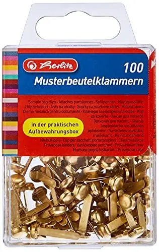 Produktbild: Herlitz 8770307 Musterbeutelklammer, Metall, Rundkopf, 100 Stück In Hängebox, Messing