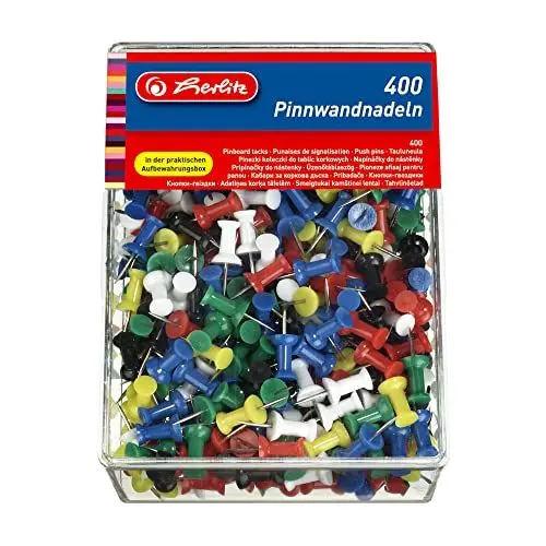 Produktbild: Herlitz 8859142 Pinnwandnadel bzw. Organisationsnadel, 23mm, farbig sortiert, in der 400er Transparentbox