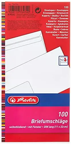 Produktbild: Herlitz Briefumschlag DIN Lang, weiß, selbstklebend mit Fenster, 100 Stück mit Innendruck, eingeschweißt in Folienpackung, 1 Packung