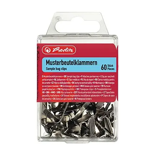 Produktbild: Herlitz Musterbeutelklammer Flachkopf, 60 Stück in Hängebox, metall