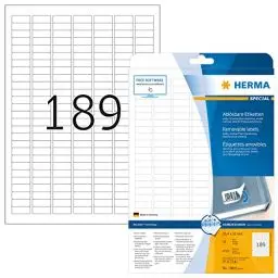 Produktbild: HERMA 10001 Universal Etiketten ablösbar, 25 Blatt, 25,4 x 10 mm, 189 pro A4 Bogen, 4725 Stück, selbstklebend, bedruckbar, matt, blanko Papier Klebeetiketten Aufkleber, weiß