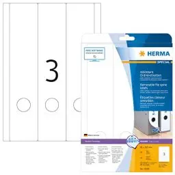 Produktbild: HERMA 10185 Ordnerrücken Etiketten ablösbar lang breit, 25 Blatt, 61 x 297 mm, 3 pro A4 Bogen, 75 Stück, selbstklebend, bedruckbar, blickdicht, Papier Ordneretiketten Rückenschilder Aufkleber, weiß
