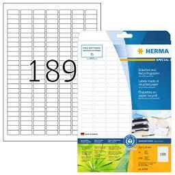 Produktbild: HERMA 10700 Recycling Etiketten, 20 Blatt, 25,4 x 10 mm, 189 pro A4 Bogen, 200 Stück, selbstklebend, bedruckbar, matt, blanko Recycling-Papier Klebeetiketten Aufkleber, natur-weiß