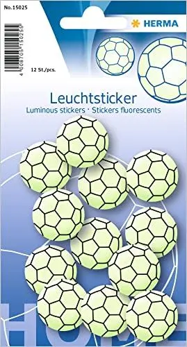 Produktbild: HERMA 15025 Aufkleber Fußball klein mini, 12 Stück, selbstklebend, leuchtende Fussball Wandaufkleber Wandsticker, Leuchtsticker aus Plastik zur Kinderzimmer Dekoration für Kinder Mädchen Jungen