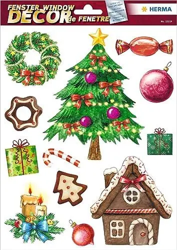 Produktbild: HERMA 15114 Fensterbilder Weihnachten Weihnachtsbaum Lebkuchen, 12 Stück, selbstklebend, Kinder Fensteraufkleber, ablösbare Winter Fenstersticker, Fensterfolie Kinderzimmer Dekoration Weihnachtsdeko