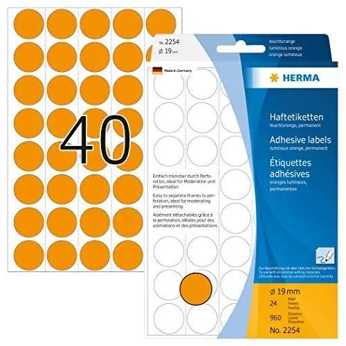 Produktbild: HERMA 2254 Punktaufkleber Klebepunkte perforiert leuchtorange, 960 Stück, Ø 19 mm, 40 pro Bogen, selbstklebend, Markierungspunkte für Kalender Planer, matt, Papier Farbpunkte Aufkleber
