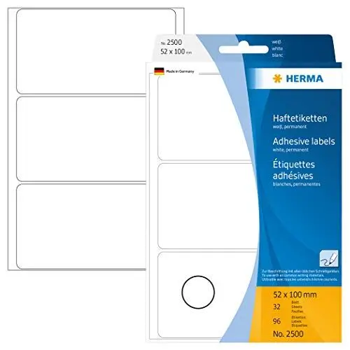 Produktbild: HERMA 2500 Vielzweck-Etiketten, 96 Stück, 52 x 100 mm, 3 pro Bogen, selbstklebend, Haushaltsetiketten zum Beschriften, matt, blanko Papier Klebeetiketten Aufkleber, weiß