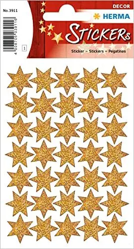 Produktbild: HERMA 3911 Aufkleber Sterne Glitzer Gold klein, 35 Stück, 16 mm, Stern Sticker aus Hologramm Folie, Weihnachtssticker Sternaufkleber für Weihnachten Geschenke Adventskalender Dekoration Belohnung DIY
