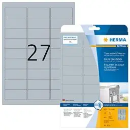 Produktbild: HERMA 4222 Typenschild Folien-Etiketten silber, 25 Blatt, 63,5 x 29,6 mm, 27 pro A4 Bogen, 675 Stück, selbstklebend, bedruckbar, wetterfest, blanko Klebeetiketten Aufkleber aus Folie