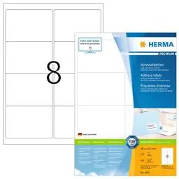 Produktbild: HERMA 4269 Versandetiketten, 100 Blatt, 99,1 x 67,7 mm, 8 pro A4 Bogen, 800 Stück, selbstklebend, bedruckbar, matt, blanko Papier Adressetiketten Aufkleber, weiß