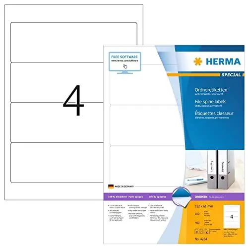 Produktbild: HERMA 4284 Ordnerrücken Etiketten kurz breit, 100 Blatt, 192 x 61 mm, 4 pro A4 Bogen, 400 Stück, selbstklebend, bedruckbar, blickdicht, blanko Papier Ordneretiketten Rückenschilder Aufkleber, weiß