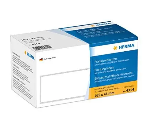 Produktbild: HERMA 4314 Frankieretiketten für Frankiermaschinen, 165 x 41 mm, 1000 Stück, selbstklebend, matt, einzeln, Papier Frankier-Etiketten Klebeetiketten Aufkleber mit Abziehlasche, weiß