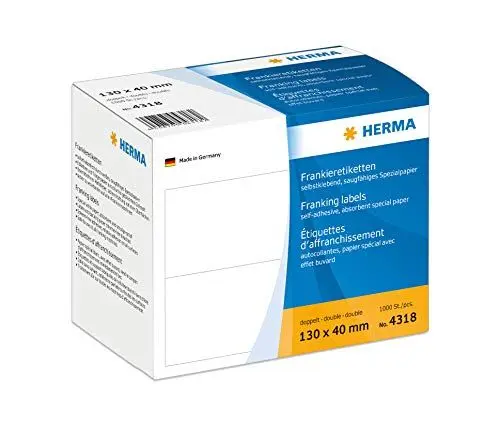 Produktbild: HERMA 4318 Frankieretiketten für Frankiermaschinen, doppelt, 130 x 40 mm, 1000 Stück, selbstklebend, matt, 2fach Papier Frankier-Etiketten Klebeetiketten Aufkleber, weiß